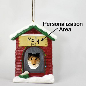 Sable Sheltie Dog at Dog House Christmas Ornament – Hand-Painted Stone Resin