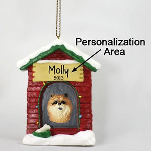 Red Chow Dog at Dog House Christmas Ornament – Hand-Painted Stone Resin