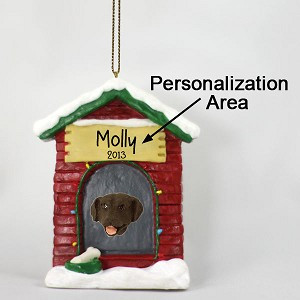 Chocolate Labrador Retriever Dog at Dog House Christmas Ornament – Hand-Painted Stone Resin