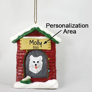 Personalize-It-Yourself Samoyed Dog at Dog House Christmas Ornament – Hand-Painted Stone Resin
