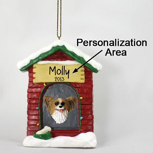 Brown & White Papillon Dog at Dog House Christmas Ornament – Hand-Painted Stone Resin