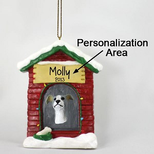 Blue White Greyhound Dog at Dog House Christmas Ornament – Hand-Painted Stone Resin