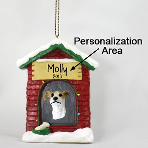 Tan & White Greyhound Dog at Dog House Christmas Ornament – Hand-Painted Stone Resin