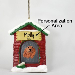 Longhaired Red Dachshund Dog at Dog House Christmas Ornament – Hand-Painted Stone Resin
