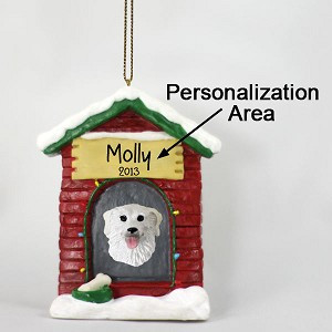White Kuvasz Dog at Dog House Christmas Ornament – Hand-Painted Stone Resin