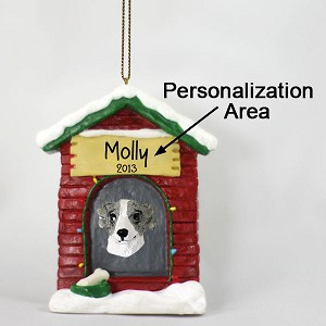 Gray & White Whippet Dog at Dog House Christmas Ornament – Hand-Painted Stone Resin