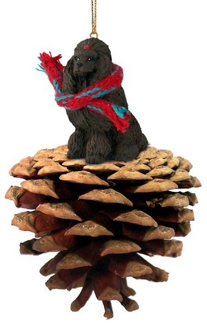 Chocolate Poodle Dog on Pinecone Christmas Ornament – Hand-Painted Stone Resin