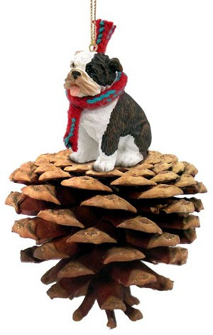 Brindle Bulldog on Pinecone Christmas Ornament – Hand-Painted Stone Resin