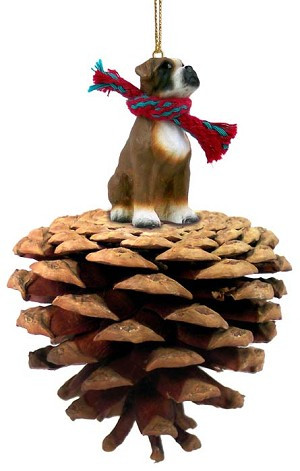 Brown Uncropped Ears Boxer Dog on Pinecone Christmas Ornament – Hand-Painted Stone Resin