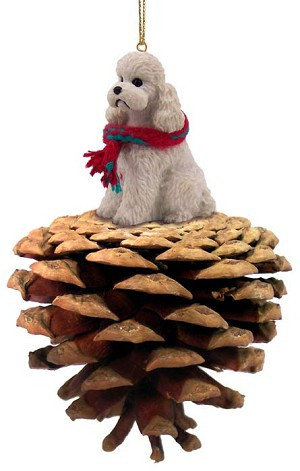 White Sport Cut Poodle Dog on Pinecone Christmas Ornament – Hand-Painted Stone Resin