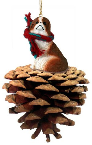 Red & White Japanese Chin Dog on Pinecone Christmas Ornament – Hand-Painted Stone Resin
