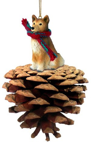 Finnish Spitz Dog on Pinecone Christmas Ornament – Hand-Painted Stone Resin