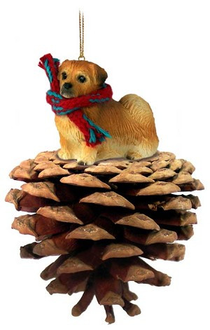 Tibetan Spaniel Dog on Pinecone Christmas Ornament – Hand-Painted Stone Resin