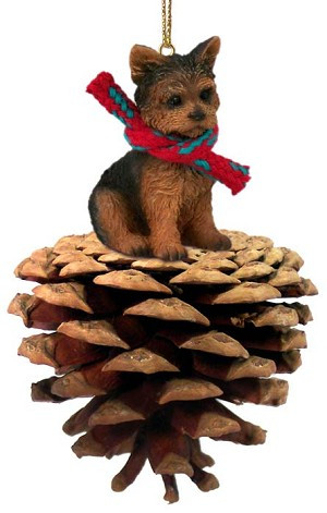 Puppy Cut Yorkshire Terrier Dog on Pinecone Christmas Ornament – Hand-Painted Stone Resin