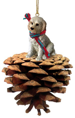 Cream Labradoodle Dog on Pinecone Christmas Ornament – Hand-Painted Stone Resin