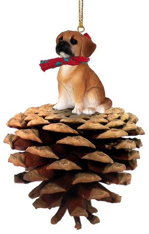 Puggle Dog on Pinecone Christmas Ornament – Hand-Painted Stone Resin