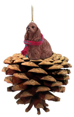 Brown Cocker Spaniel Dog on Pinecone Christmas Ornament – Hand-Painted Stone Resin