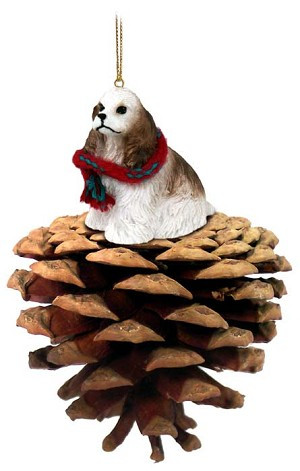 Brown & White Cocker Spaniel Dog on Pinecone Christmas Ornament – Hand-Painted Stone Resin