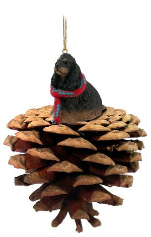 Black & Tan Cocker Spaniel Dog on Pinecone Christmas Ornament – Hand-Painted Stone Resin