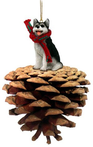 Black & White with Brown Eyes Husky Dog on Pinecone Christmas Ornament – Hand-Painted Stone Resin