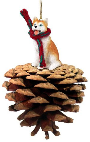 Red & White with Blue Eyes Husky Dog on Pinecone Christmas Ornament – Hand-Painted Stone Resin