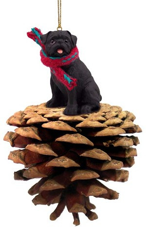 Black Pug Dog on Pinecone Christmas Ornament – Hand-Painted Stone Resin