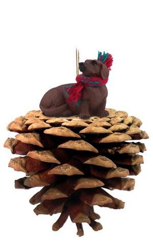 Red Dachshund Dog on Pinecone Christmas Ornament – Hand-Painted Stone Resin
