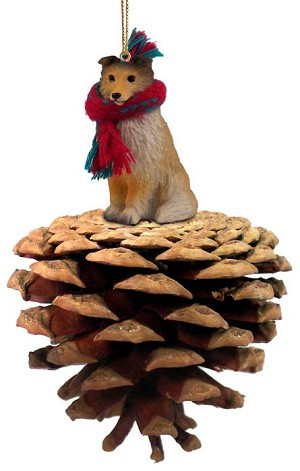 Sable Sheltie Dog on Pinecone Christmas Ornament – Hand-Painted Stone Resin