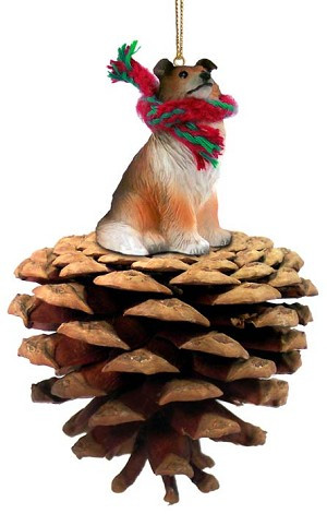 Sable Collie Dog on Pinecone Christmas Ornament – Hand-Painted Stone Resin