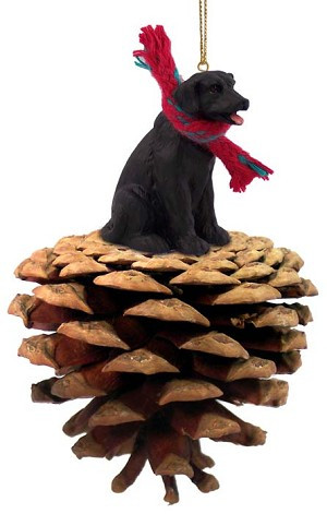 Black Labrador Retriever Dog on Pinecone Christmas Ornament – Hand-Painted Stone Resin