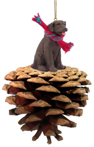 Chocolate Labrador Retriever Dog on Pinecone Christmas Ornament – Hand-Painted Stone Resin