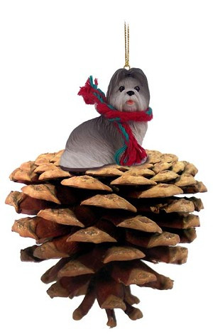 Gray Shih Tzu Dog on Pinecone Christmas Ornament – Hand-Painted Stone Resin