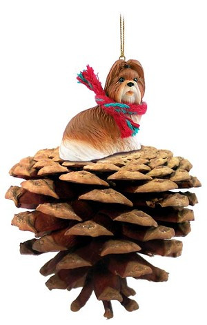Tan Shih Tzu Dog on Pinecone Christmas Ornament – Hand-Painted Stone Resin