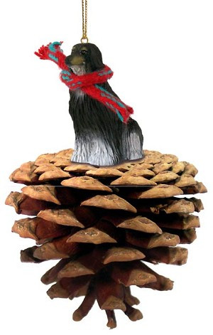 Black & White Afghan Hound Dog on Pinecone Christmas Ornament – Hand-Painted Stone Resin