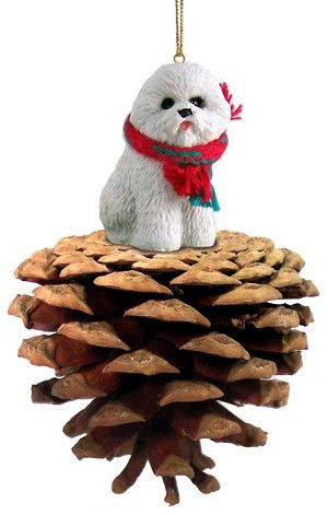 Bichon Frise Dog on Pinecone Christmas Ornament – Hand-Painted Stone Resin