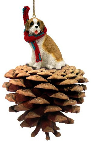 Rough Coat Saint Bernard Dog on Pinecone Christmas Ornament – Hand-Painted Stone Resin