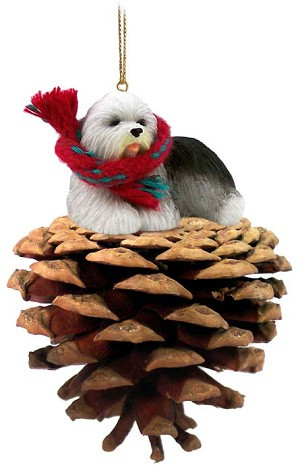 Old English Sheepdog on Pinecone Christmas Ornament – Hand-Painted Stone Resin