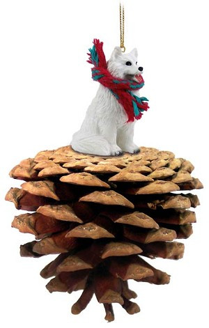 White Samoyed Dog on Pinecone Christmas Ornament – Hand-Painted Stone Resin