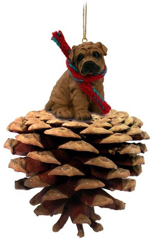 Brown Shar Pei Dog on Pinecone Christmas Ornament – Hand-Painted Stone Resin