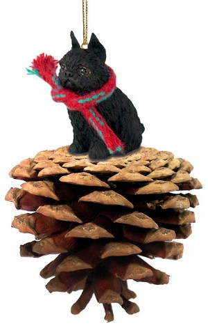 Black Brussels Griffon Dog on Pinecone Christmas Ornament – Hand-Painted Stone Resin