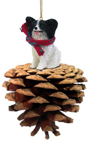 Black & White Papillon Dog on Pinecone Christmas Ornament – Hand-Painted Stone Resin