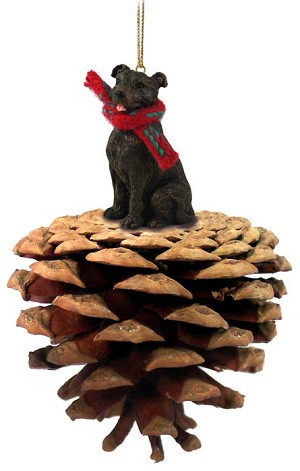 Brindle Staffordshire Bull Terrier Dog on Pinecone Christmas Ornament – Hand-Painted Stone Resin