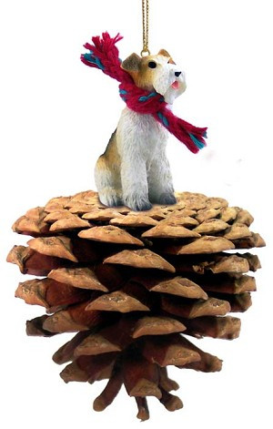 Red Wire Fox Terrier Dog on Pinecone Christmas Ornament – Hand-Painted Stone Resin