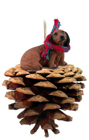 Longhaired Red Dachshund Dog on Pinecone Christmas Ornament – Hand-Painted Stone Resin