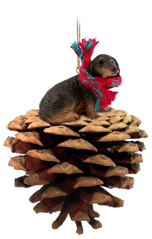 Longhaired Black Dachshund Dog on Pinecone Christmas Ornament – Hand-Painted Stone Resin