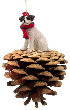 Brown & White Rough Coat Jack Russell Terrier Dog on Pinecone Christmas Ornament