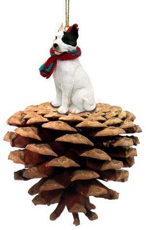 White Pit Bull Terrier Dog on Pinecone Christmas Ornament – Hand-Painted Stone Resin