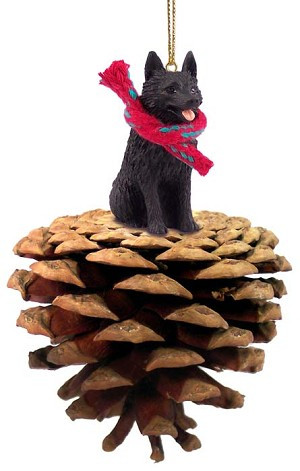 Black Schipperke Dog on Pinecone Christmas Ornament – Hand-Painted Stone Resin