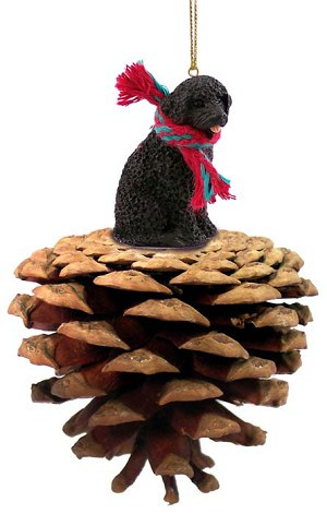 Portuguese Water Dog on Pinecone Christmas Ornament – Hand-Painted Stone Resin