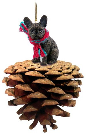 French Bulldog on Pinecone Christmas Ornament – Hand-Painted Stone Resin